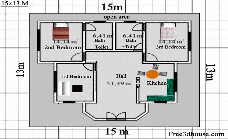 Free Small House Plan 15 X 13m Plans, Make A House Floor Plan Free